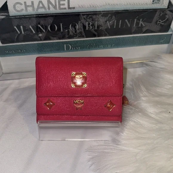 Authentic MCM Pink Leather Studded LogoMotifs Trifold Wallet with keychain EUC